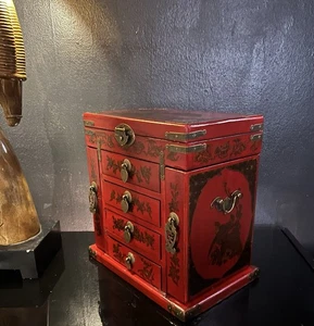 "Joyero de 4 cajones con motivo de pavo real asiático de 13"" de alto de colección" - Imagen 1 de 15