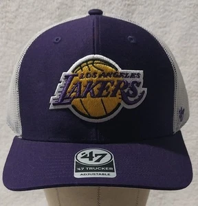 Los Angeles Lakers Hat Purple White '47 Brand Trucker Snapback 3D Patch Mesh - Picture 1 of 7
