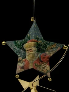 Vintage Style Santa Star Ornament w/ Bells Glitter Victorian Christmas Décor - Picture 1 of 7