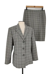 Worthington Woman's Gray Black Pink Plaid Tweed Suit Size 14 Lined Pockets Slit - Picture 1 of 15