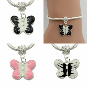 20pcs Pink White Black Silver Color Butterfly Dangle Charms Fit Bracelet E16 - Picture 1 of 24