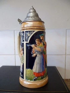 VINTAGE, GROSSER VERZIERTER JAGDMOTIV, DEUTSCHER BIERE STEIN. EIN LITER BIERKRUG - Bild 1 von 11