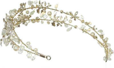 EnVogue Bridal Hair Piece Handmade Two Tier Faux Pearl Crystal Beads Accessory - Image 1 of 4