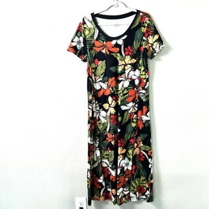 Cuddl Duds Maxi Dress Womens Size L Red Aloha Floral Short Sleeve Stretch Slits - Picture 1 of 13