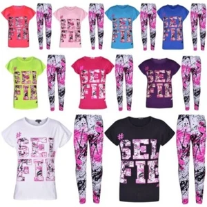 Girls Tops Kids #SELFIE Print T Shirt Top & Fashion Splash Legging Set 7-13 Year - Picture 1 of 58