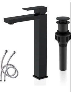 Single Handle Tall Vessel Sink Faucet Vanity Bathroom Faucet W/ Drain Black - Picture 1 of 8