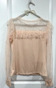 Elegantes transparentes Netzoberteil mit Perlen - Nude Langarm Bluse - Bild 1 von 9