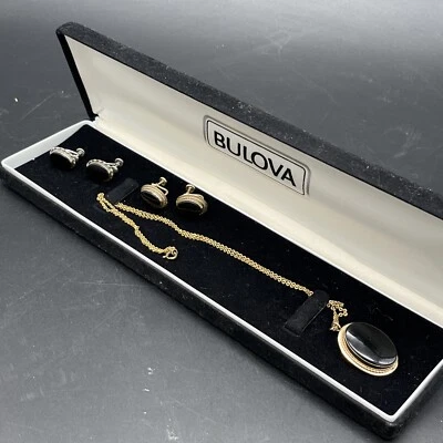 Vtg 12k GF VAN DELL Black Onyx Pendant Matching Screw-Back Sterling Earrings B9 - Image 1 of 4