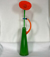 Rony Plesl Czech Art Glass / Green Vase & Orange Flower / Hand Blown / Signed 