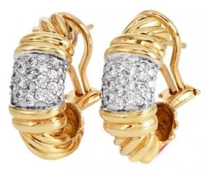 David Yurman Diamond 18K Gold Grooved "J" Hoop Earrings 13.9 G - Picture 1 of 5