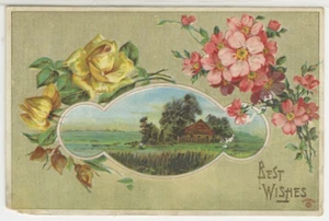 Greetings Postcard Country Homestead Scene & Flowers embossed vintage c1910 G13 - Picture 1 of 2