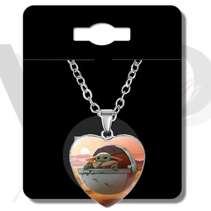 Baby Yoda Child Necklace Glass Cabochon Pendant Heart-Shaped ON THE LOOKOUT I AM - Picture 1 of 7