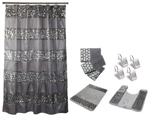 7 Piece Sinatra Silver Shower Curtain, Resin Shower Hooks, 2 Rugs and Towel Set - Picture 1 of 2