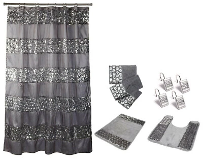 7 Piece Sinatra Silver Shower Curtain, Resin Shower Hooks, 2 Rugs and Towel Set - Изображение 1 из 2