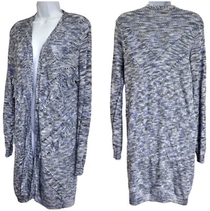 89th and Madison Womens M Blue White Fringe Long Open Front Cardigan Sweater - Picture 1 of 16