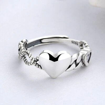 Real 925 Sterling Silver Band Men Women Lucky Heart Twist Chain Simplicity Ring - Image 1 of 4