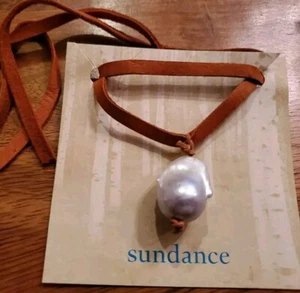 NEW Sundance Baroque White Pearl Necklace 26" adjustable Brown Leather $178 - Picture 1 of 6