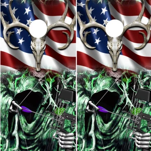 Paquete de 2 calcomanías Cornhole Wrap Grim Reaper Bow Hunter CALAVERA VERDE camuflaje bandera estadounidense - Imagen 1 de 2