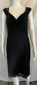 Marina Floral Lace Sequin Black Fitted Cocktail Dress Womens 4 Beaded - Picture 1 of 5