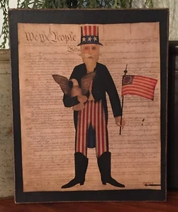 Primitive Uncle Sam Flag Eagle Patriotic Print on Canvas Board 8x10"  - Picture 1 of 3