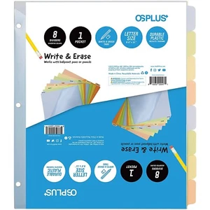 OS Plus 8-Tab 3 Ring Durable Colored Plastic w/Write & Erase Tab Binder Dividers - Picture 1 of 9