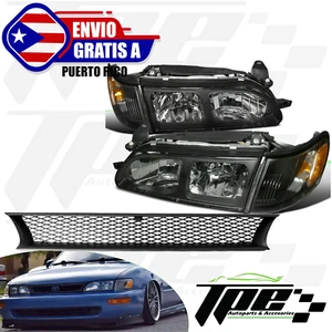 HEADLIGHTS BLACK HOUSING CLEAR LENS + MESH GRILL FOR 1993 1997 TOYOTA COROLLA - Picture 1 of 8
