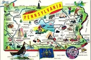Vintage State Map Points of Interest Postcard Pennsylvania PA - Picture 1 of 3
