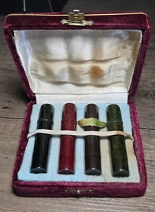 Antique Bakelite Tube Glass Perfume Dabber Vial set of 4 in velvet box 1-Full - Picture 1 of 24