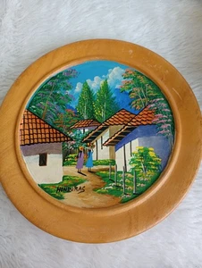 Vintage Honduras Hand Painted Wooden Plate Village Scene 8.75" - Picture 1 of 2