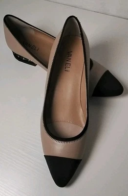 范尼女式 8.5 码米色皮革黑色面料装饰链条高跟鞋懒人鞋 — 第 1/4 张图片