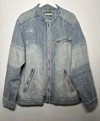 Jaqueta de Moto Masculina XXL Corrida Denim Patchwork Y2K Streetwear Zíper Frontal - Imagem 1 de 4