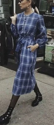 Zara в клетку подпоясанный туника Puff рукава кнопка платье в синий/белый размер XS - Изображение 1 из 4