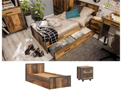 Storage Bed Set Euro 90cm Drawer Bedside Unit Grey Rustic Oak Pine Effect Weston - Image 1 of 4