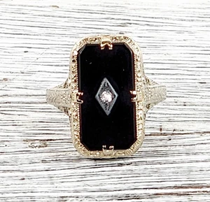 Antique Edwardian Belais 14K White Gold Onyx Diamond Ring 7 Filigree Luxury - Picture 1 of 8