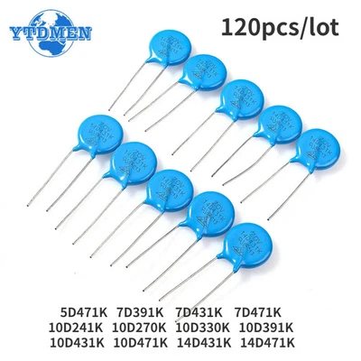 120Pcs варистор ассортимент набор 12 значений 5D471K 7D391K 7D431K 7D471K 10D241K - Изображение 1 из 4