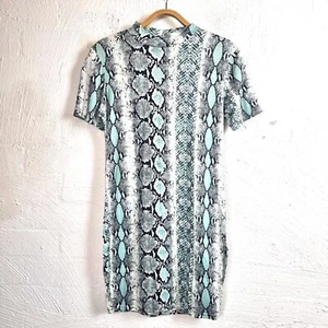 New BOOHOO Womens Dress Size 12 Blue/Grey/Ivory Snake Print Stretch Knit - Picture 1 of 12
