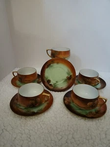 Juego de 5 tazas y platillos de té pintados a mano de porcelana de piña M-Z Austria Midcentury - Imagen 1 de 9