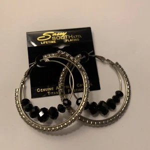 Silver Tone Hoop Earrings Pierced NWT Genuine Austrian Crystal Titanium Plating - Picture 1 of 10