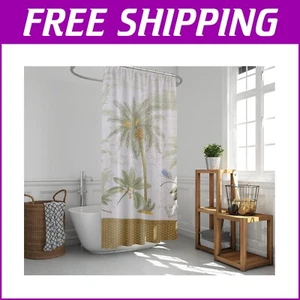 Ivory 100% Polyester Shower Curtain with Tropical Palm Print - Easy Care Design - Picture 1 of 9
