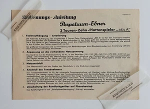 Bedienungs-Anleitung Perpetuum-Ebner 3 Touren-Zehn-Plattenspieler Rex A Vintage - Picture 1 of 3