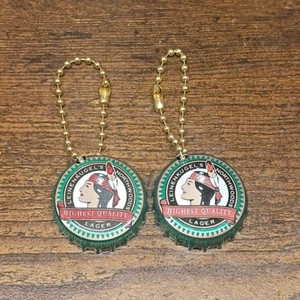 Lot of 2 Leinenkugel's Indian Maiden Keychains, Vintage Bottle Cap Crowns - Picture 1 of 3