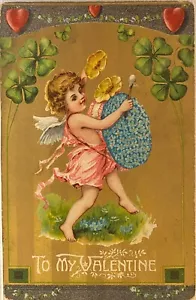 Postal del Día de San Valentín ~ Tambor de flores toca querubines ~ tréboles y corazones de cuatro hojas - Imagen 1 de 2