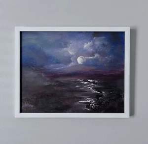 Original Painting Art Moon Rise Night Reflection Landscape Collectible COA Frame - Picture 1 of 11