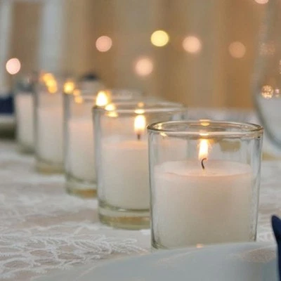 24 x glass white wax votive candle straight edge add name sticker wedding table - Image 1 of 4