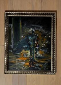 Original Painting Canvas Framed Comic Batman Dark Shadow Lights 20"x16" Fan Art