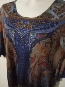 Túnica pulóver ONE WORLD para mujer pequeña azul con tachuelas cuello en V elástica manga 3/4 - Imagen 1 de 9