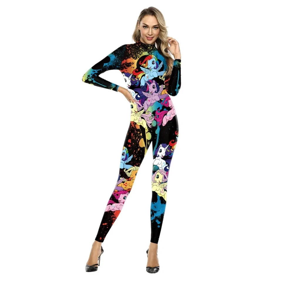 Female Rainbow Unicorn Print Bodysuits Women Back Zipper Party Slim Jumpsuits - Image 1 of 4