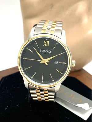 Reloj Mujer Bulova 98M134 Esfera Negra Fecha Cuarzo Dos Tonos Acero Inoxidable 32mm Foto 1 de 4