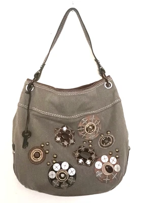 Bolso Hobo Fossil De Colección Marrón Tejido Textil Correa de Cuero Madera y Cuero Borde Floral Foto 1 de 4
