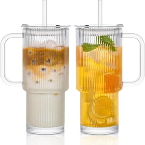 760Ml Ribbed Glass Cup with Lids and Straws, 2 Pack Leakproof Glass Tumbler with - Picture 1 of 12